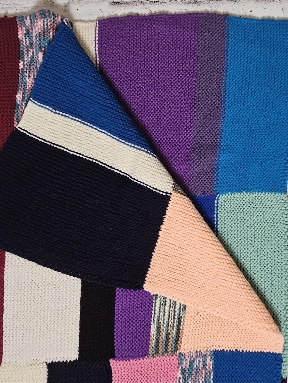 Hand Knit Patchwork Throw Blanket 52x69 Colorblock Boho Vintage Style